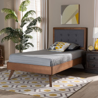 Baxton Studio Alida-Dark Grey/Ash Walnut-Twin Alida Mid-Century Modern Dark Grey Fabric Upholstered and Walnut Brown Finished Wood Twin Size Platform Bedr